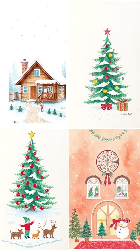 Aesthetic Christmas drawings including a snowy cabin, decorated tree, and holiday characters.